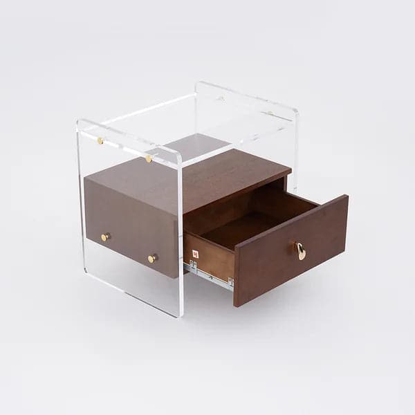 Modern Clear Acrylic Wood Nightstand with Storage & Shelf for Bedroom