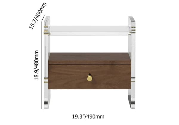 Modern Clear Acrylic Wood Nightstand with Storage & Shelf for Bedroom