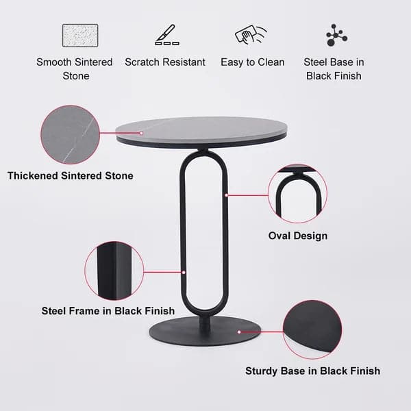 Modern Dark Gray Sintered Stone End Table Round Side Table Carbon Steel Base