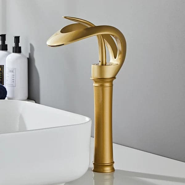 Modern Elegant Waterfall Bathroom Vessel Sink Faucet Single Handle Solid Brass in Gold