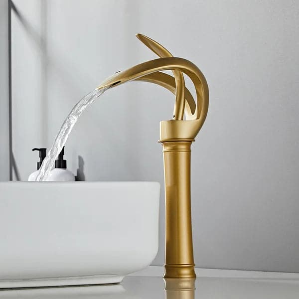 Modern Elegant Waterfall Bathroom Vessel Sink Faucet Single Handle Solid Brass in Gold