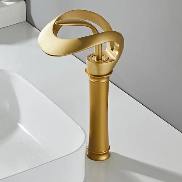 Modern Elegant Waterfall Bathroom Vessel Sink Faucet Single Handle Solid Brass in Gold