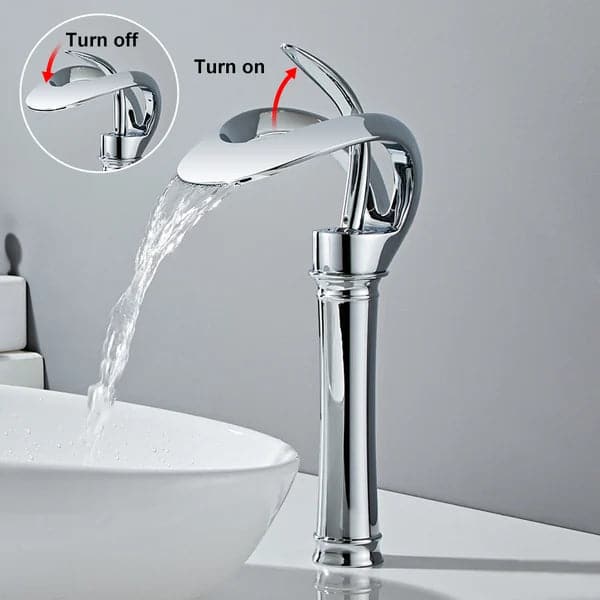 Modern Elegant Waterfall Bathroom Vessel Sink Faucet Single Handle Solid Brass in Chrome