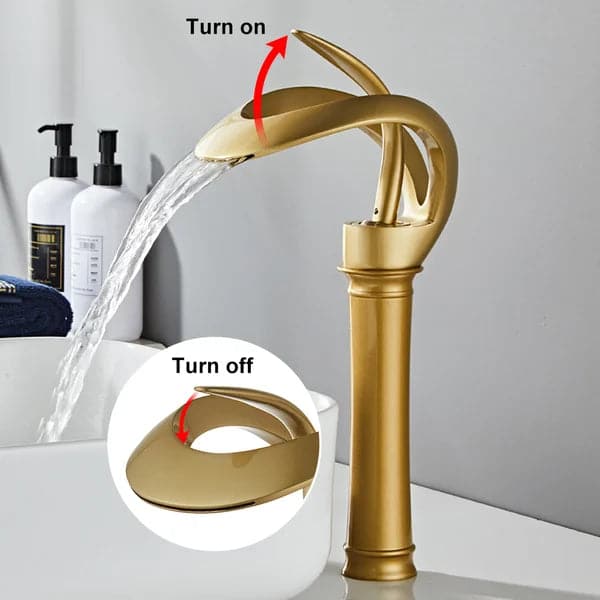 Modern Elegant Waterfall Bathroom Vessel Sink Faucet Single Handle Solid Brass in Gold