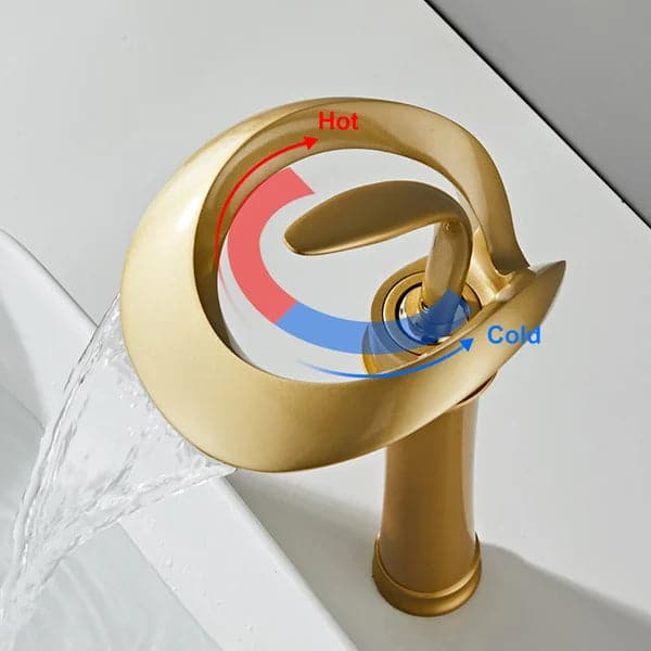 Modern Elegant Waterfall Bathroom Vessel Sink Faucet Single Handle Solid Brass in Gold