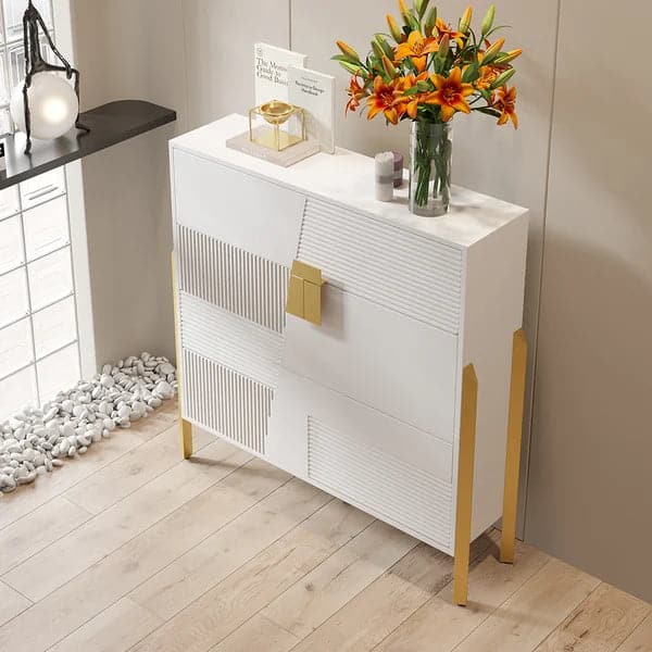 Modern Entryway White Shoe Storage Narrow Shoe Cabinet with 2 Flip Doors & 1 Drawer