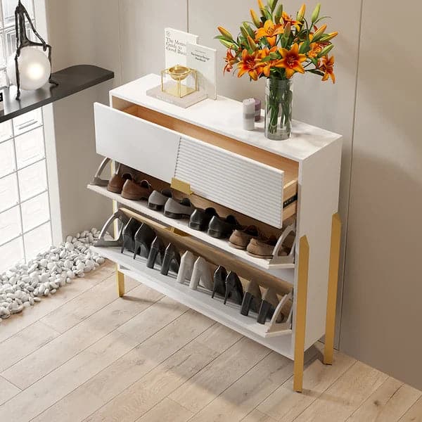 Modern Entryway White Shoe Storage Narrow Shoe Cabinet with 2 Flip Doors & 1 Drawer