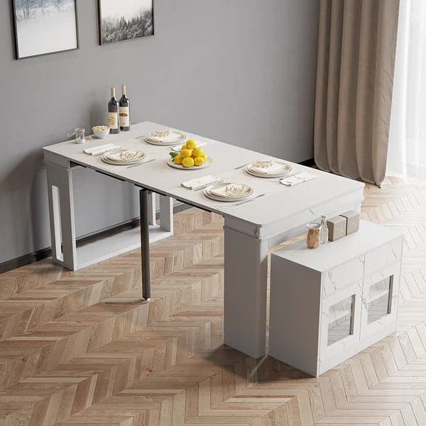 Modern Extendable Dining Table Rectangle Sideboard with Storage in White