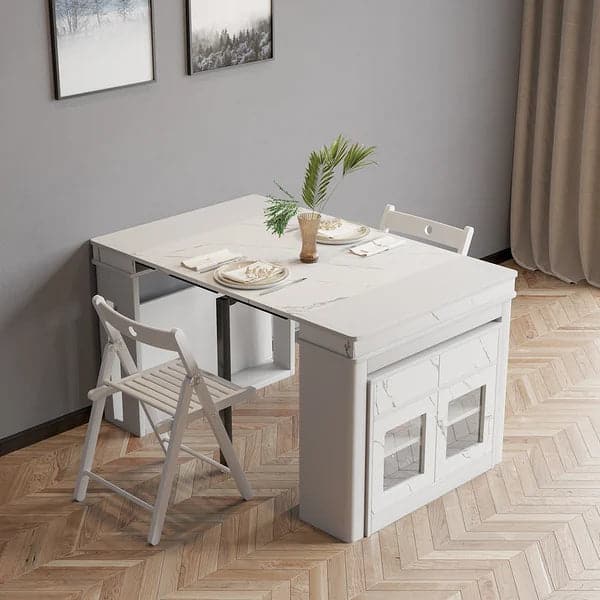 Modern Extendable Dining Table Rectangle Sideboard with Storage in White