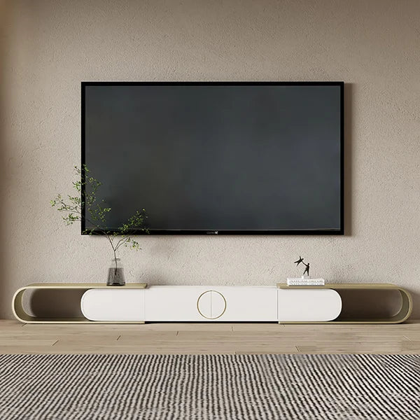 Meuble TV ovale extensible moderne en métal avec 4 tiroirs en or et blanc pour téléviseur jusqu'à 120"