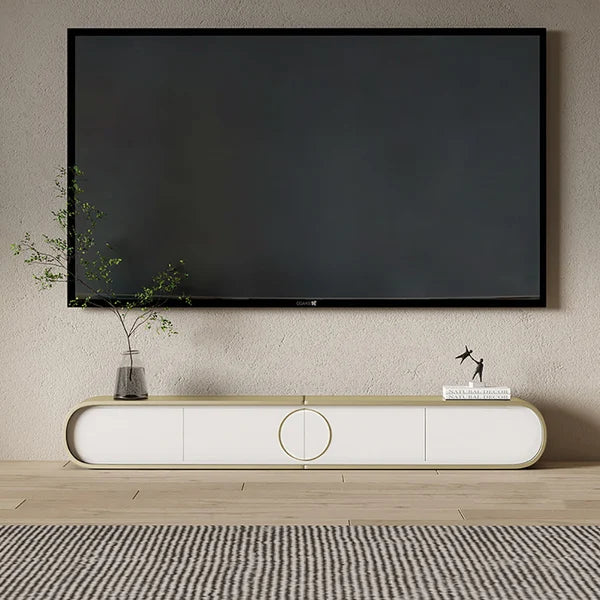 Meuble TV ovale extensible moderne en métal avec 4 tiroirs en or et blanc pour téléviseur jusqu'à 120"