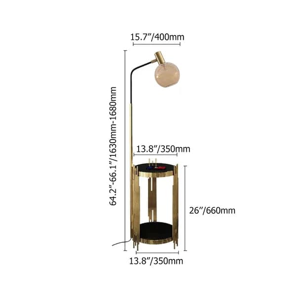 Table de bout de lampadaire moderne avec abat-jour en verre, chargeur sans fil et port USB