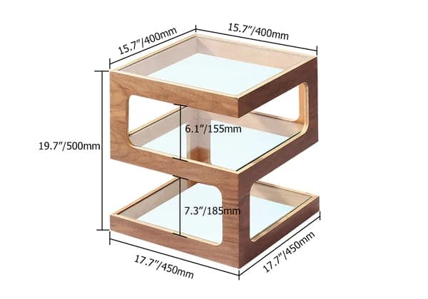 Table d'appoint moderne en verre avec table d'appoint à 3 niveaux en forme de S en noyer