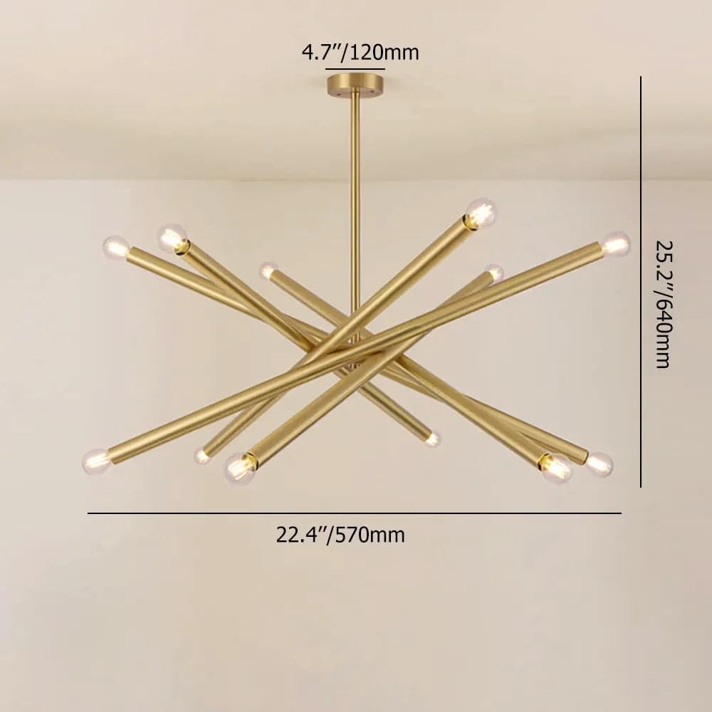Modern Gold 12-Light Sputnik Semi Flush Mount Light with Hanging Rod