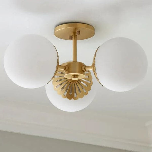 Modern Gold 3-Light Semi Flush Mount Light with White Round Glass Globe Shade