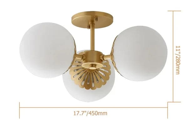 Modern Gold 3-Light Semi Flush Mount Light with White Round Glass Globe Shade