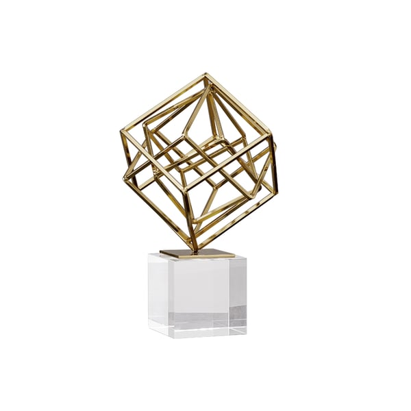 Modern Gold Metal 3D Geometry Ornament Figurine Sculpture Decor Art with Crystal Stand