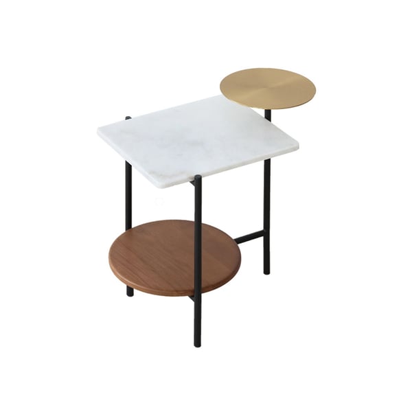 Table de bout moderne en or, noyer, bois blanc et marbre avec 3 niveaux