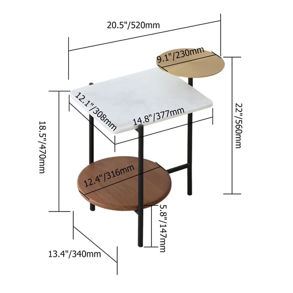 Table de bout moderne en or, noyer, bois blanc et marbre avec 3 niveaux