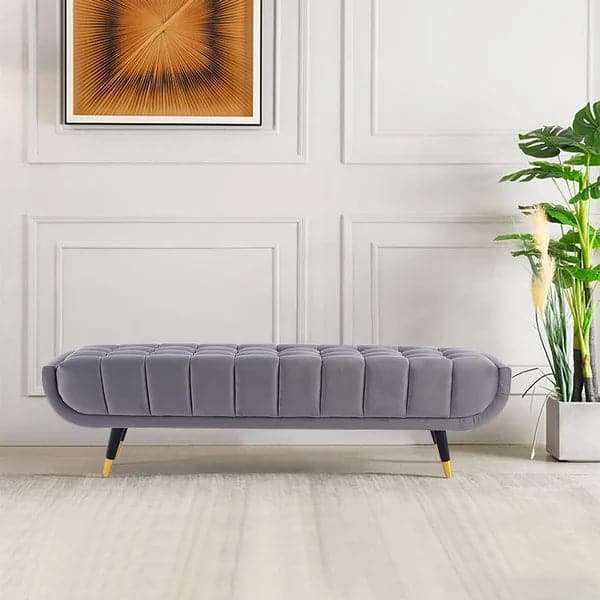 Banc de chambre à coucher gris moderne, tapisserie d'ameublement en velours, pieds en bois