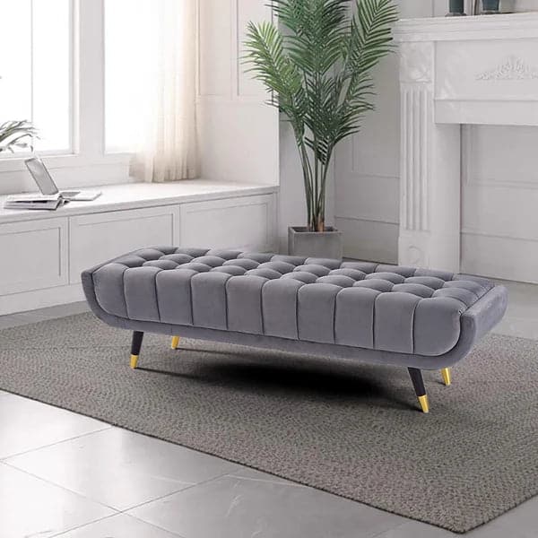 Modern Gray Bedroom Bench Velvet Upholstery Wooden Legs