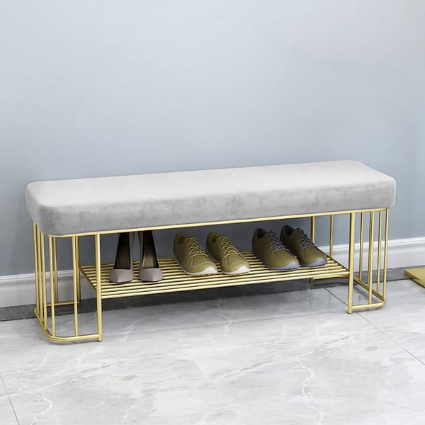 Banc d'entrée gris moderne avec rangement pour chaussures, tapissé en velours avec cadre et étagère dorés