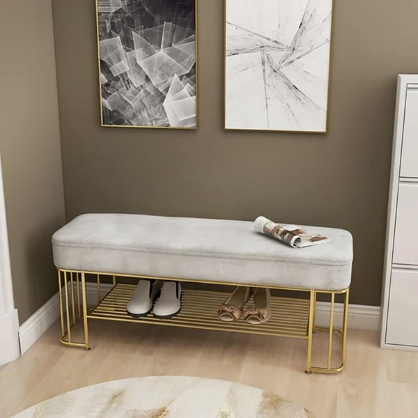 Modern Gray Entryway Bench with Shoe Storage Velvet Upholstered with Gold Frame and Shel