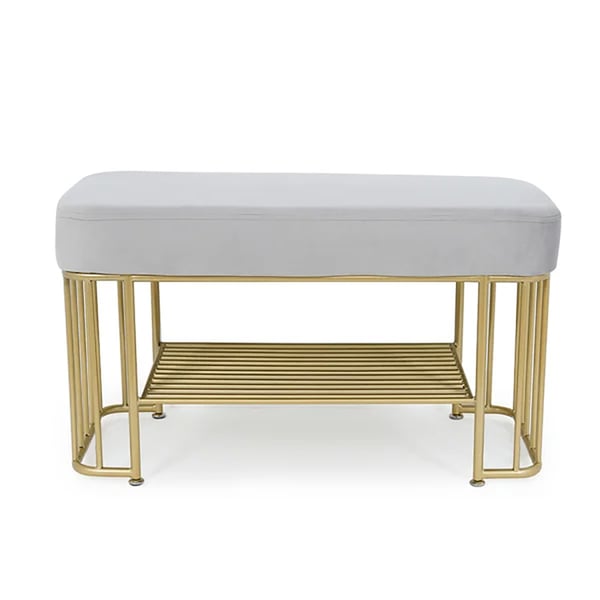 Banc d'entrée gris moderne avec rangement pour chaussures, tapissé en velours avec cadre et étagère dorés