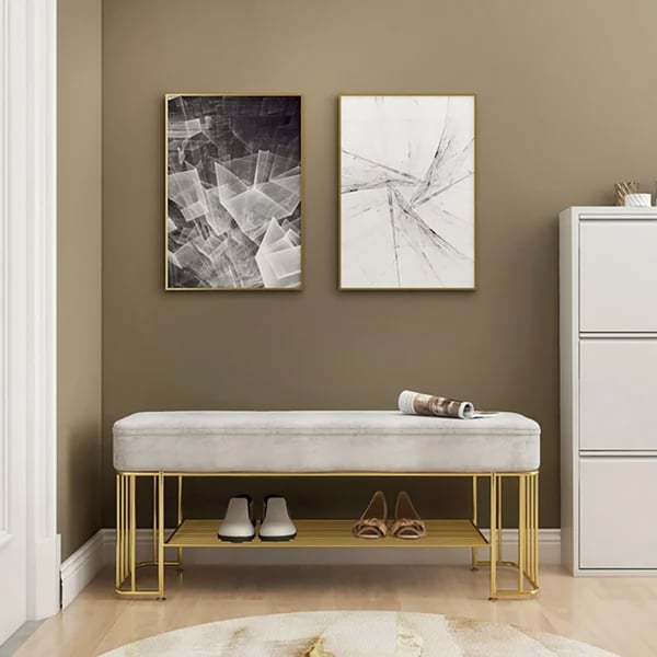 Modern Gray Entryway Bench with Shoe Storage Velvet Upholstered with Gold Frame and Shel