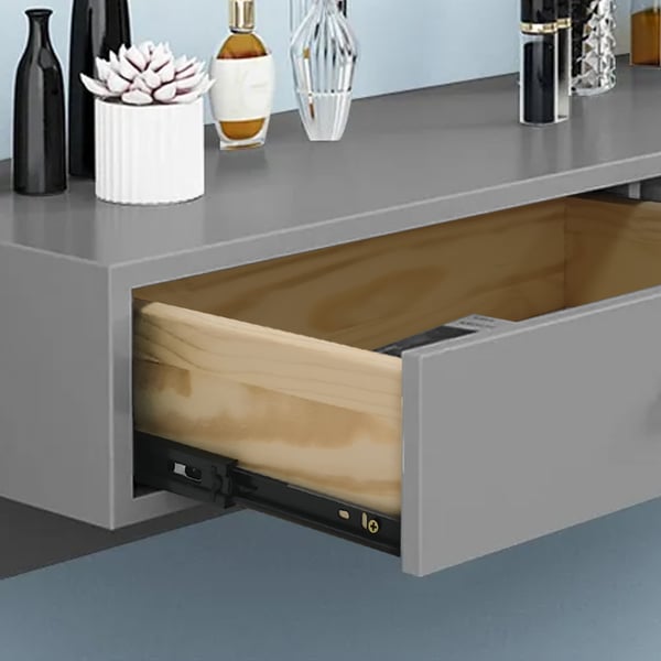 Modern Gray Floating Desk with Drawers Wall Mounted Desk in Pine Wood Frame