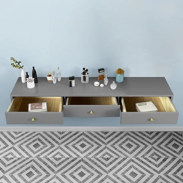 Modern Gray Floating Desk with Drawers Wall Mounted Desk in Pine Wood Frame