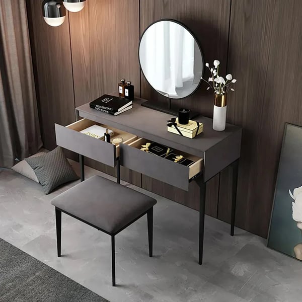 Modern Gray Makeup Vanity Set with Velvet Surface Dressing & Mirror & Stool