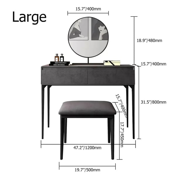 Ensemble de vanité de maquillage gris moderne avec revêtement en velours, miroir et tabouret