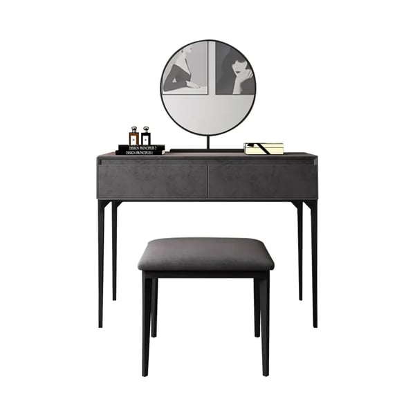 Ensemble de vanité de maquillage gris moderne avec revêtement en velours, miroir et tabouret