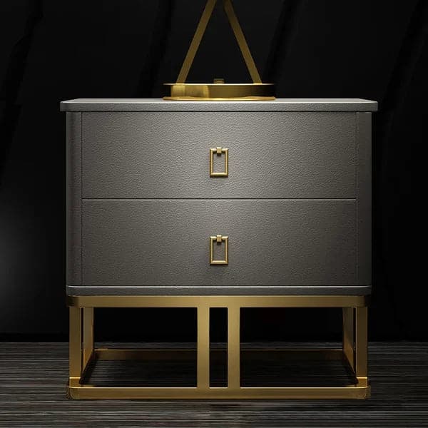 Modern Gray Nightstand Faux Leather Upholstery with 2 Drawers in Gold