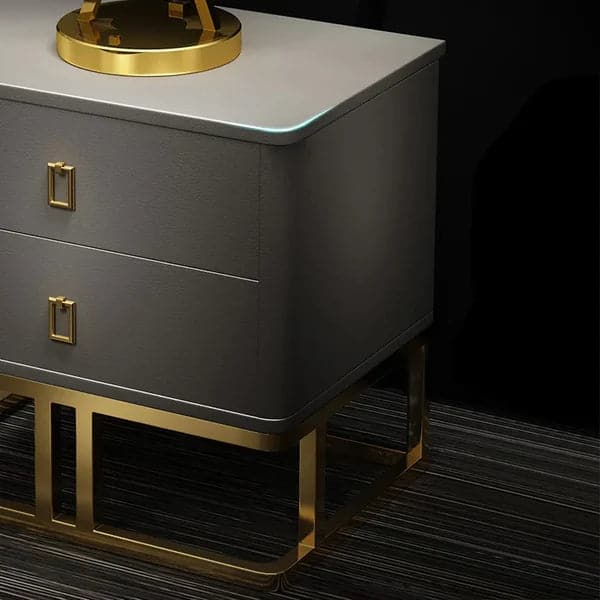 Modern Gray Nightstand Faux Leather Upholstery with 2 Drawers in Gold