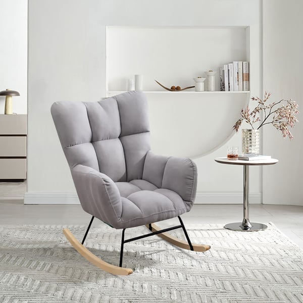 Modern Gray Rocking Accent Chair Cotton & Linen Tufted Upholstery