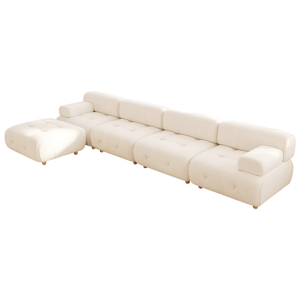 Modern L-Shaped Modular White Boucle Corner Sectional Sofa Loveseat with Wood Legs