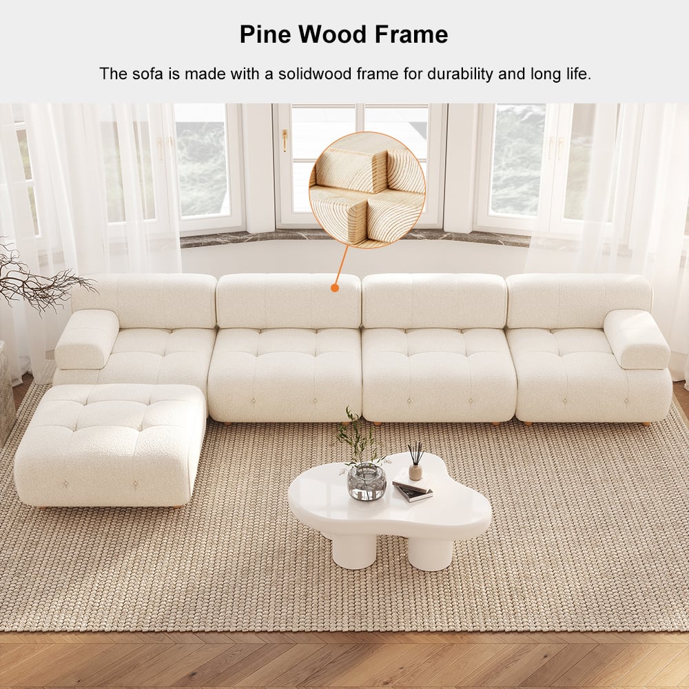 Modern L-Shaped Modular White Boucle Corner Sectional Sofa Loveseat with Wood Legs