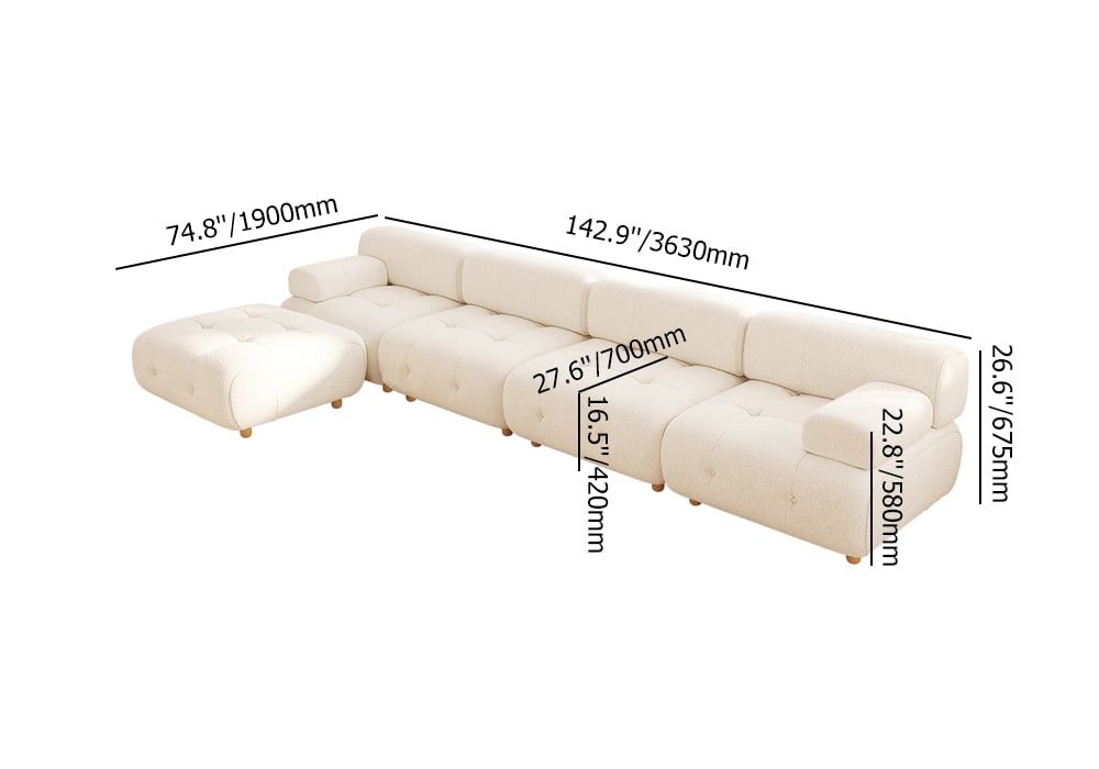 Modern L-Shaped Modular White Boucle Corner Sectional Sofa Loveseat with Wood Legs