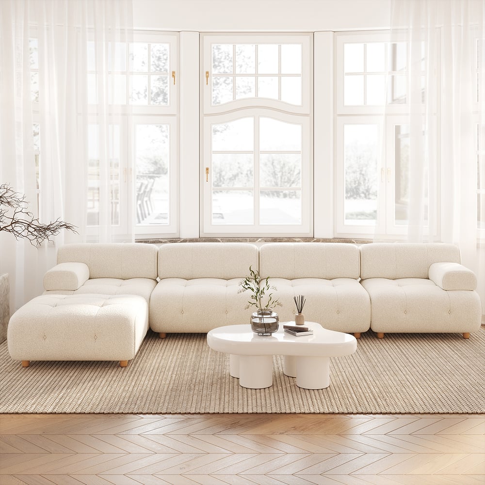 Modern L-Shaped Modular White Boucle Corner Sectional Sofa Loveseat with Wood Legs