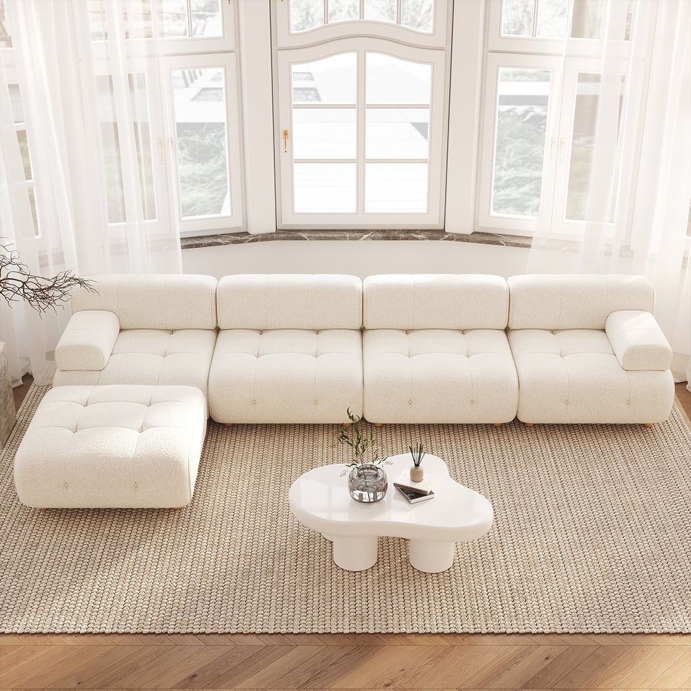 Modern L-Shaped Modular White Boucle Corner Sectional Sofa Loveseat with Wood Legs