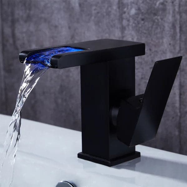 Robinet en laiton à poignée unique, cascade LED moderne, trou unique pour évier de salle de bains noir