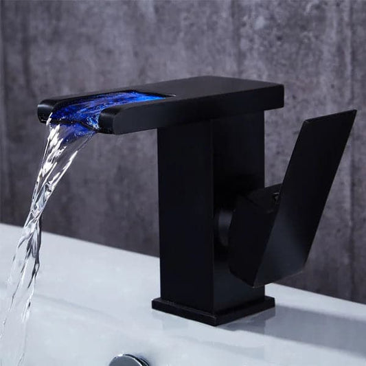 Modern LED Waterfall Single Handle Brass Faucet Single Hole for Bathroom Sinks Black