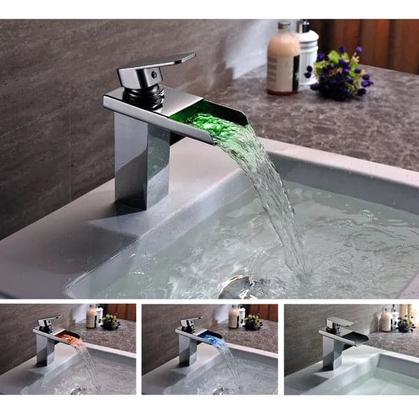 Robinet monotrou moderne à poignée unique, cascade LED, pour évier de salle de bains, Chrome poli