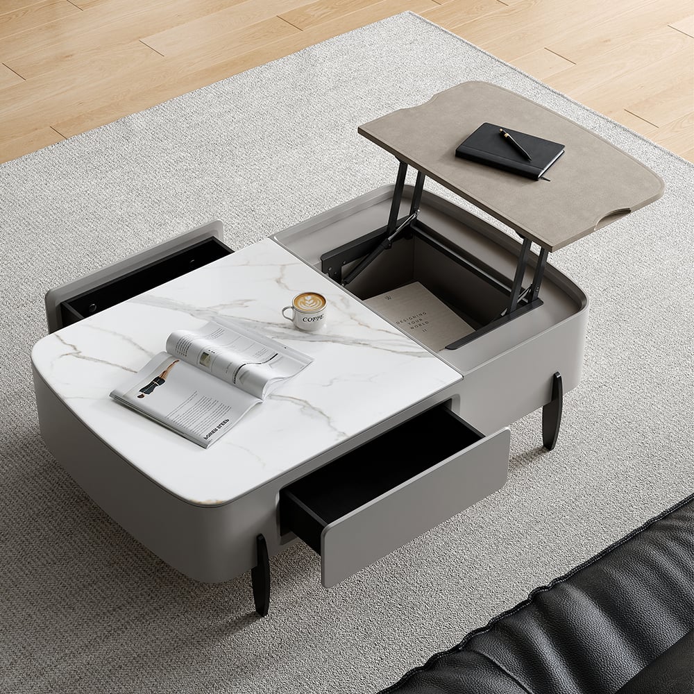 Modern Light Gray Faux Marble Leather Lift Top Coffee Table with Storage