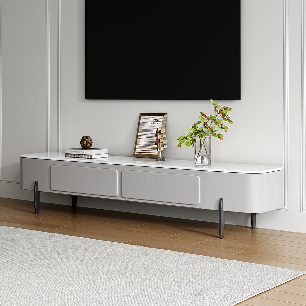 Modern Long Light Gray Faux Marble TV Stand Storage Media Console for 75'' TV