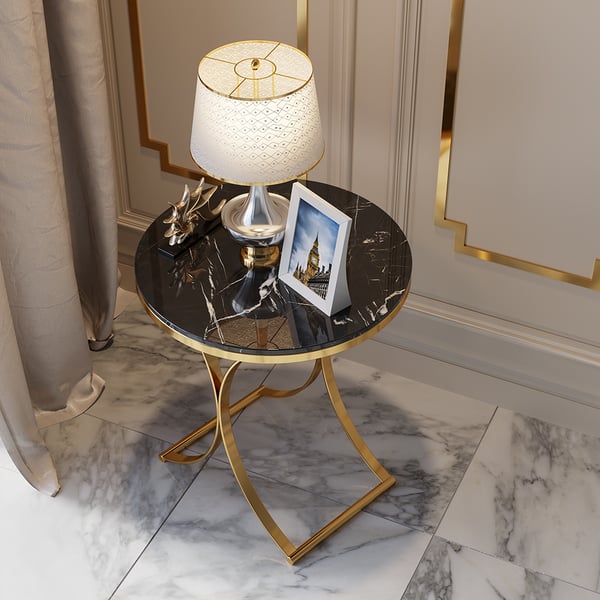 Modern Luxurious Round Black Marble Stone Side Table X-Base End Table in Gold