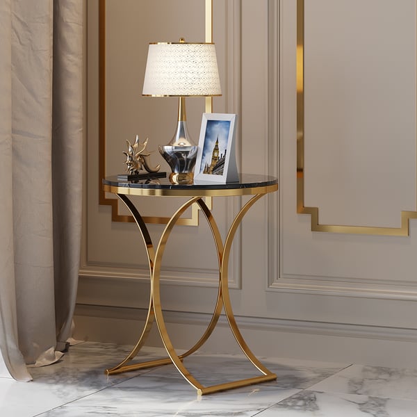 Modern Luxurious Round Black Marble Stone Side Table X-Base End Table in Gold