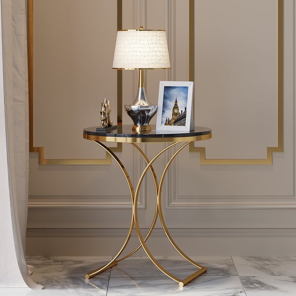 Modern Luxurious Round Black Marble Stone Side Table X-Base End Table in Gold